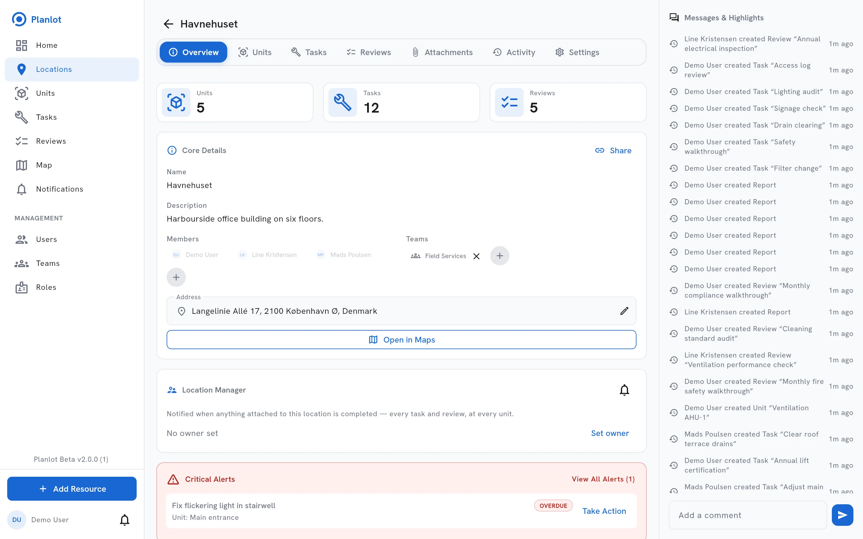 A location in Planlot: counts of units, tasks and reviews, core details with members and teams, the address, a critical alert, and an activity feed of messages and highlights.