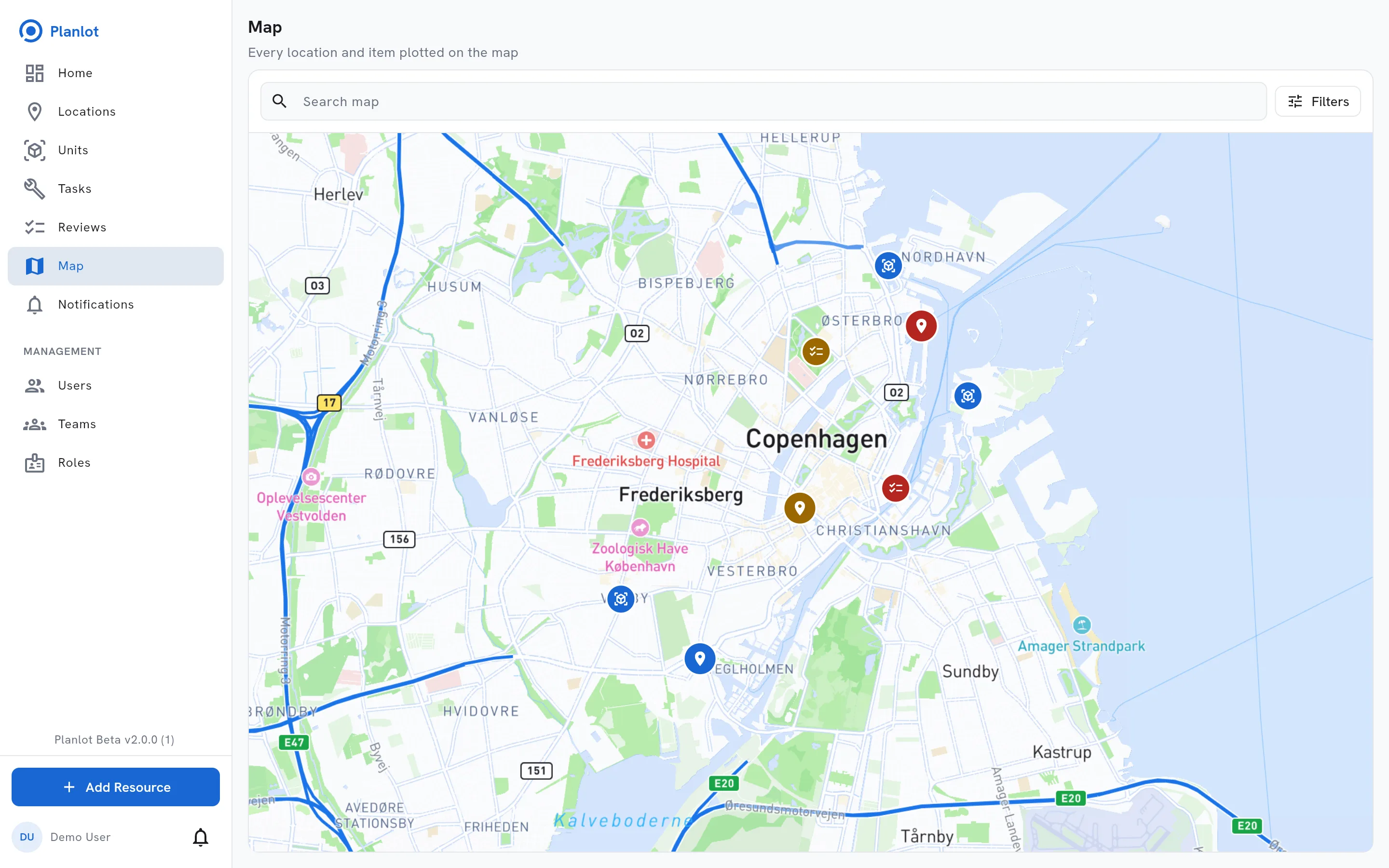 The Planlot map of Copenhagen with markers for three locations, three standalone units and two standalone inspections.